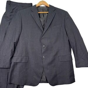 VINTAGE Hickey Freeman Mens 46S Gray Pinstripe 2-Piece Wool Suit Pants 42x25 GUC